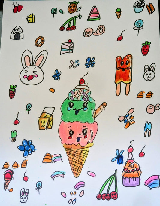 Cute cartoon Ice Cream art original pen and ink 9x12