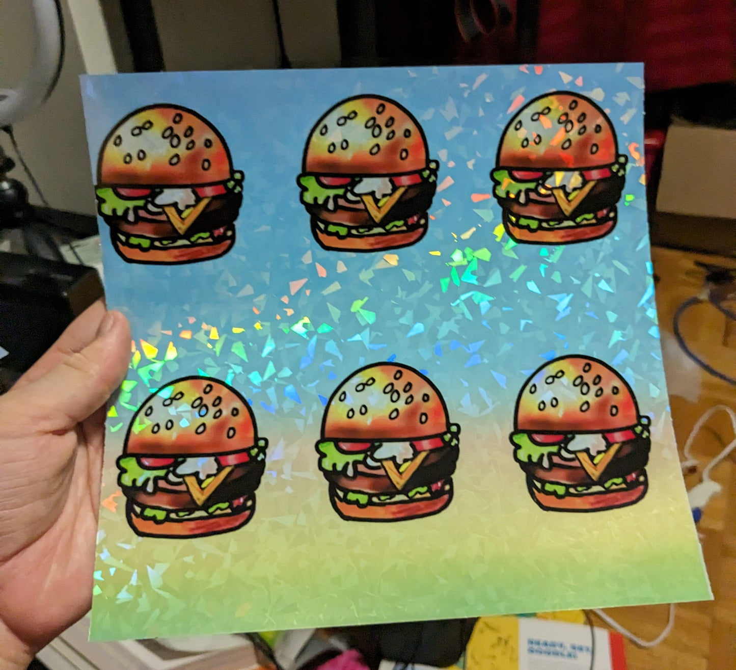 Holographic cartoon burger prints 8x8