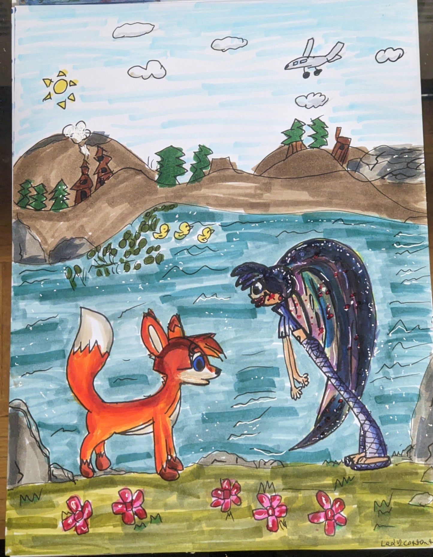 Fox and the water fairy original pen and ink 9x12