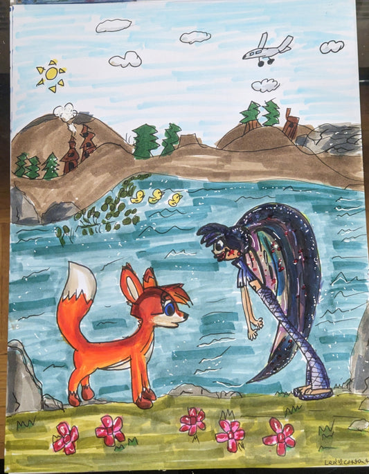 Fox and the water fairy original pen and ink 9x12