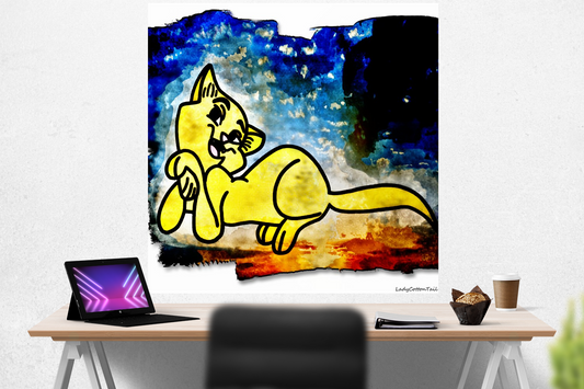 Starry yellow cartoon cat original art gloss prints