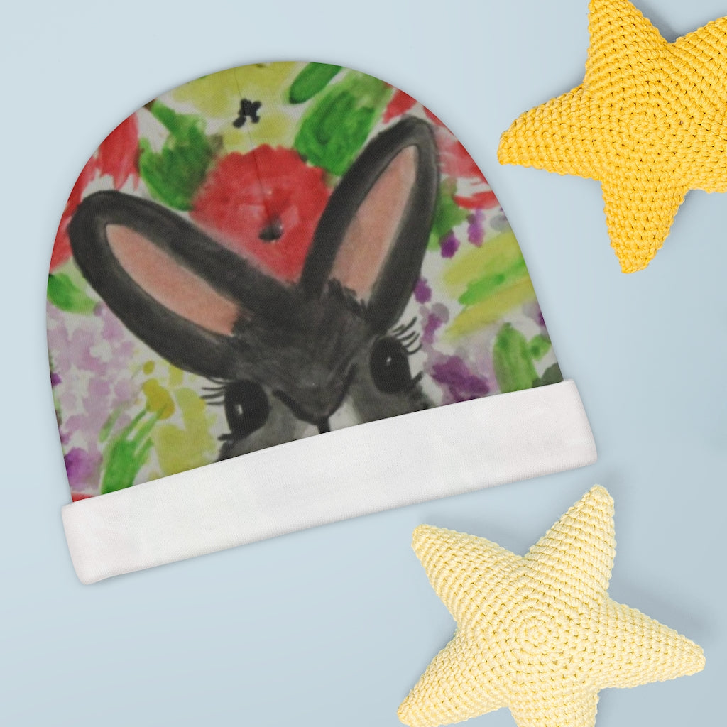 Watercolour bunny art Baby Beanie