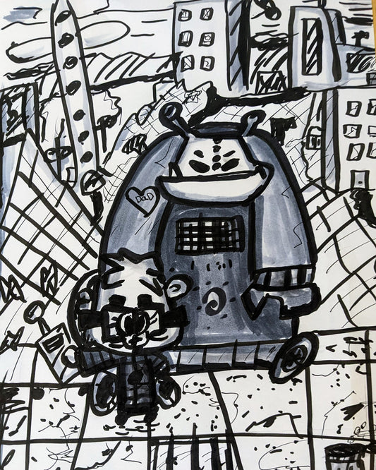 Dad and son robot pen and ink 9x12