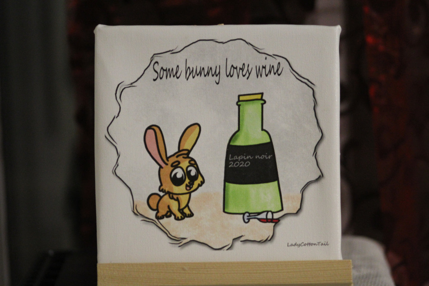 Some bunny love wine original cartoon art canvas print 7x7