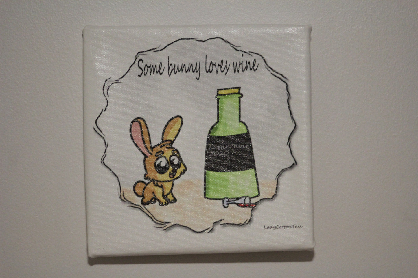 Some bunny love wine original cartoon art canvas print 7x7