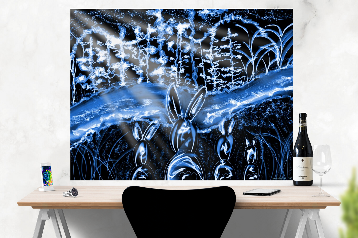 Monochromatic whimsical bunny art landscape gloss prints